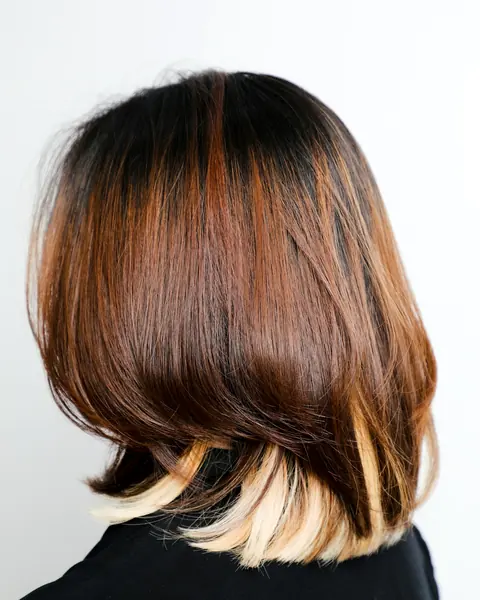 Schulterlange braune Haare mit kupferfarbenen Strähnen und hellblonden Spitzen, von hinten.